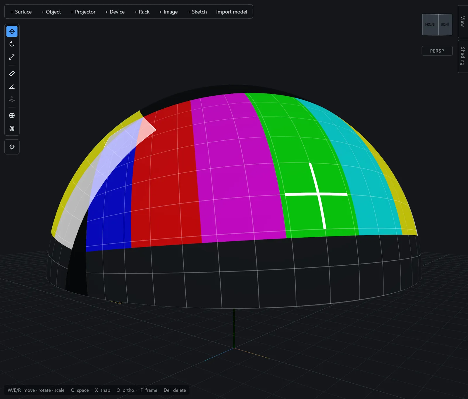 Content preview mapped across a 180-degree dome in the 3D viewport