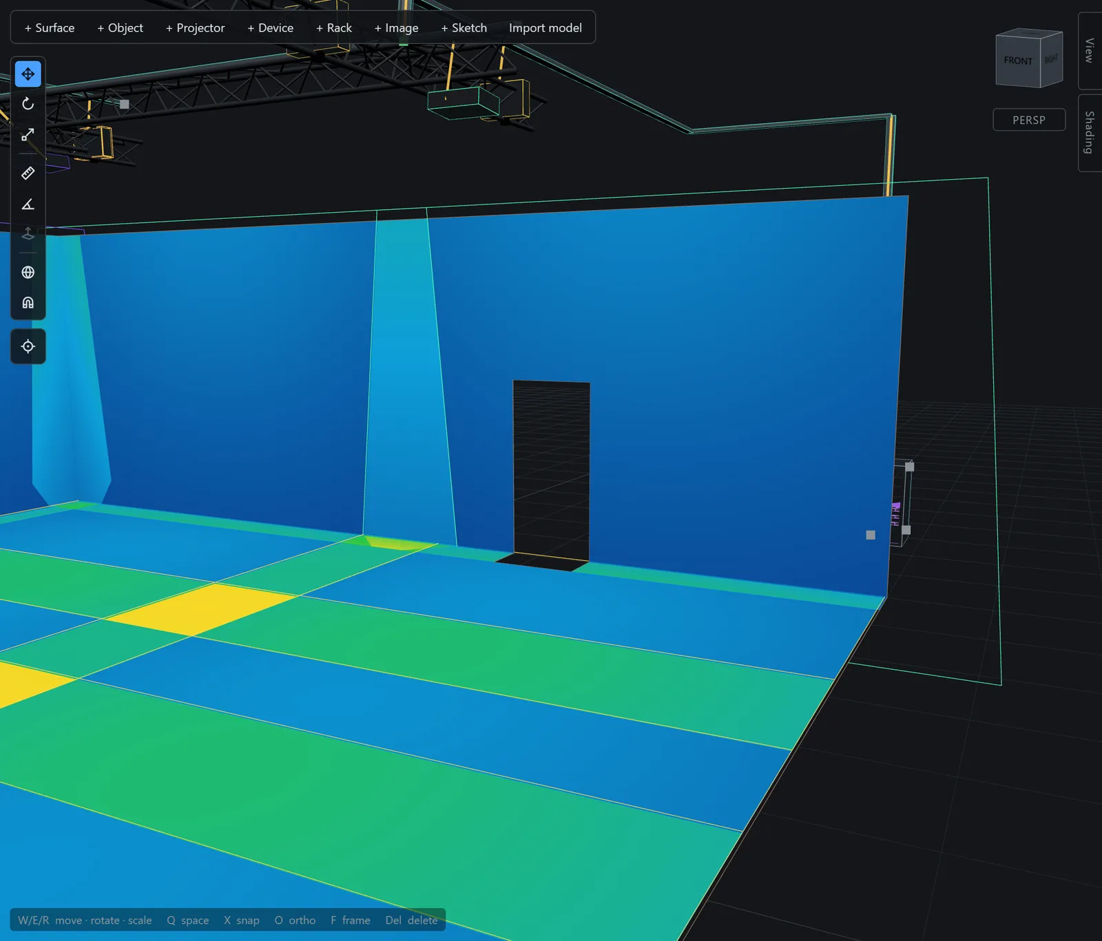 A doorway cut through a lit wall, the lux heatmap unbroken around the opening