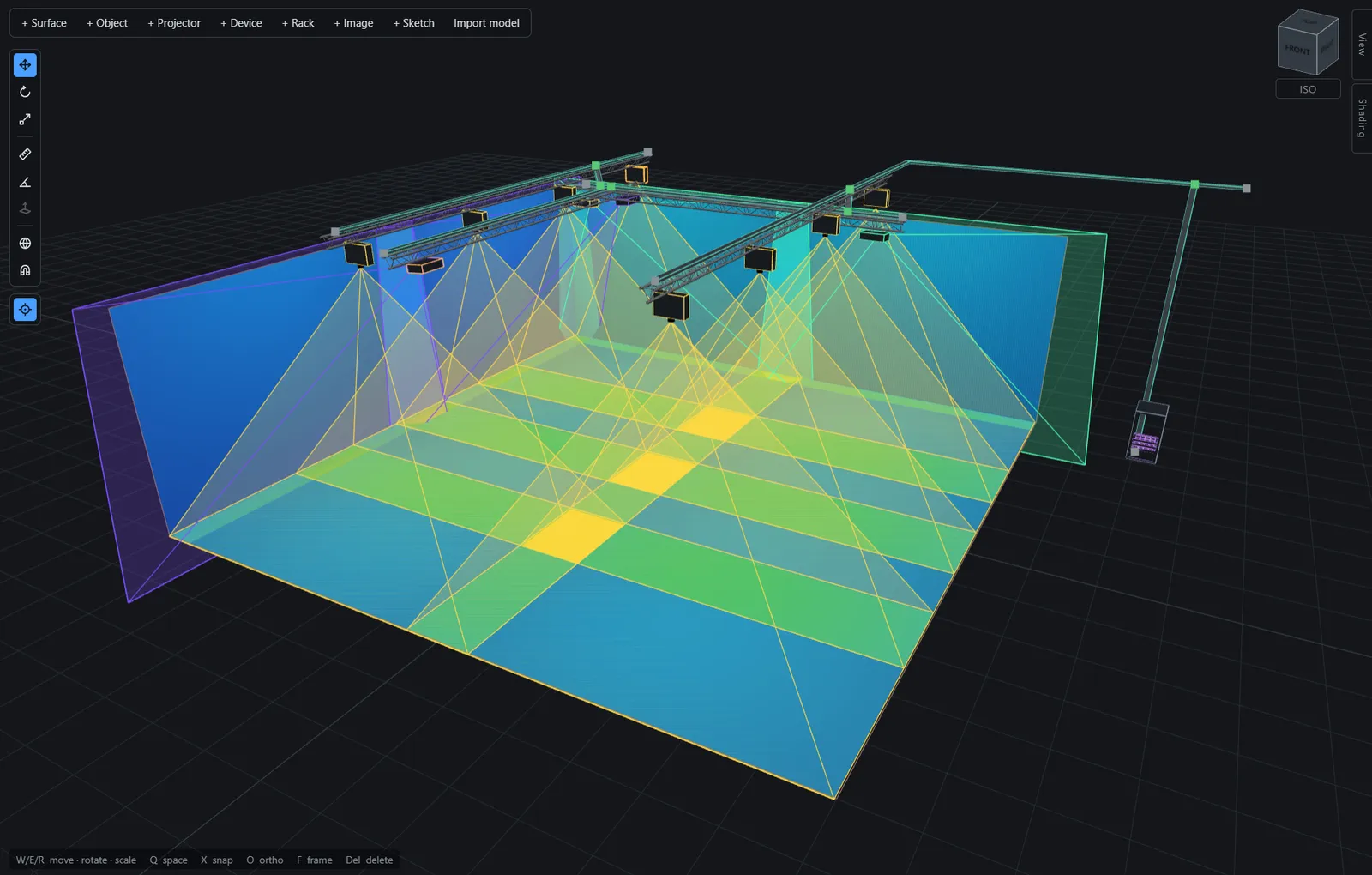 Throwcast editor: blend-colored frustums over a venue with trusses and rack