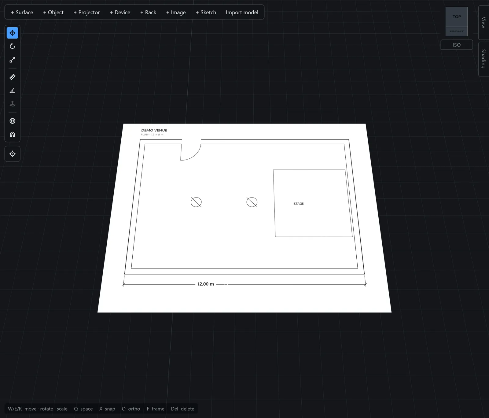 A floor plan placed flat in the 3D venue as a reference image
