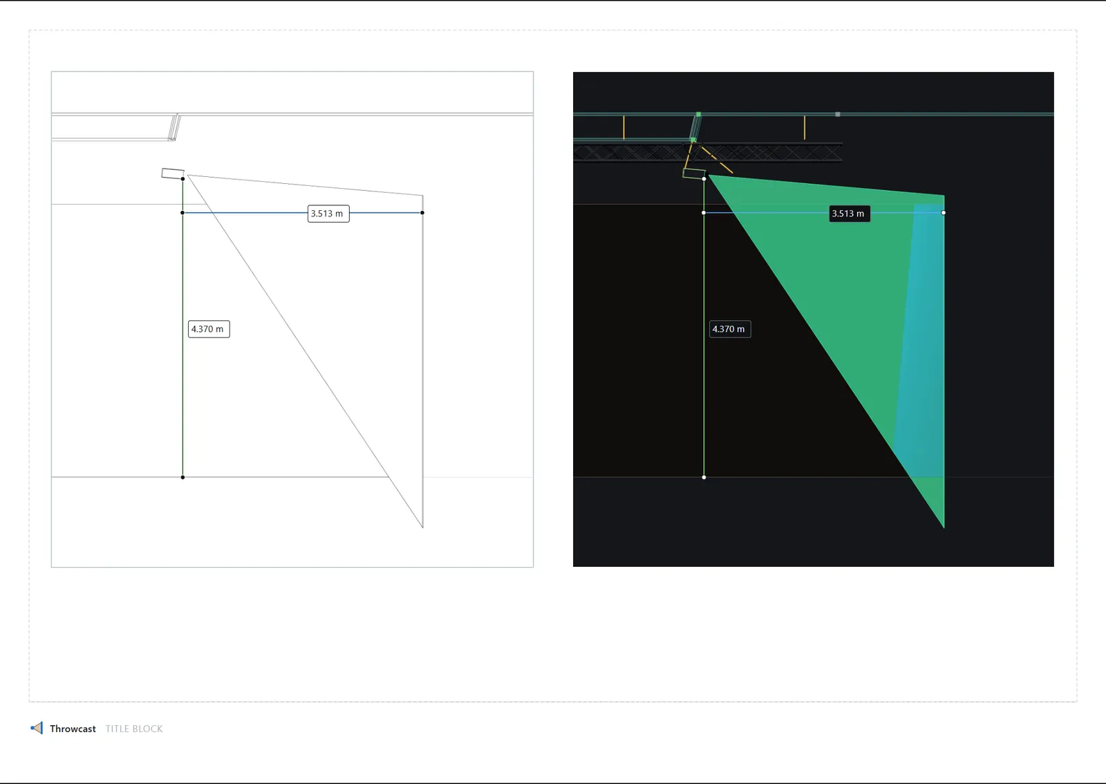 A report sheet carrying a line drawing and the shaded render of the same projector throw, both dimensioned