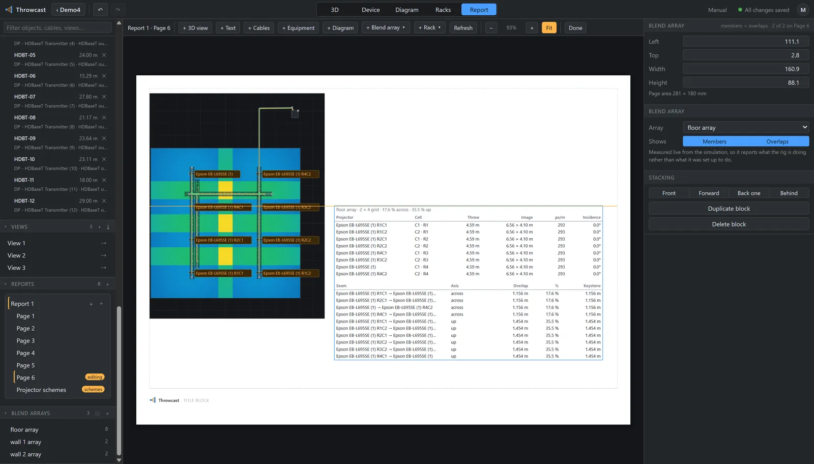 A report layout page: a 3D view block beside a blend-array table on the sheet