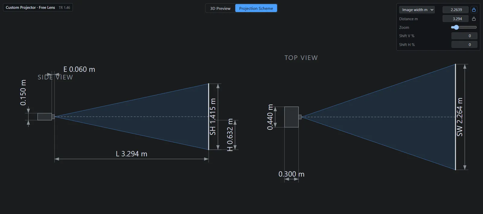 Projection scheme: 2D throw diagram with dimension lines, side and top elevation