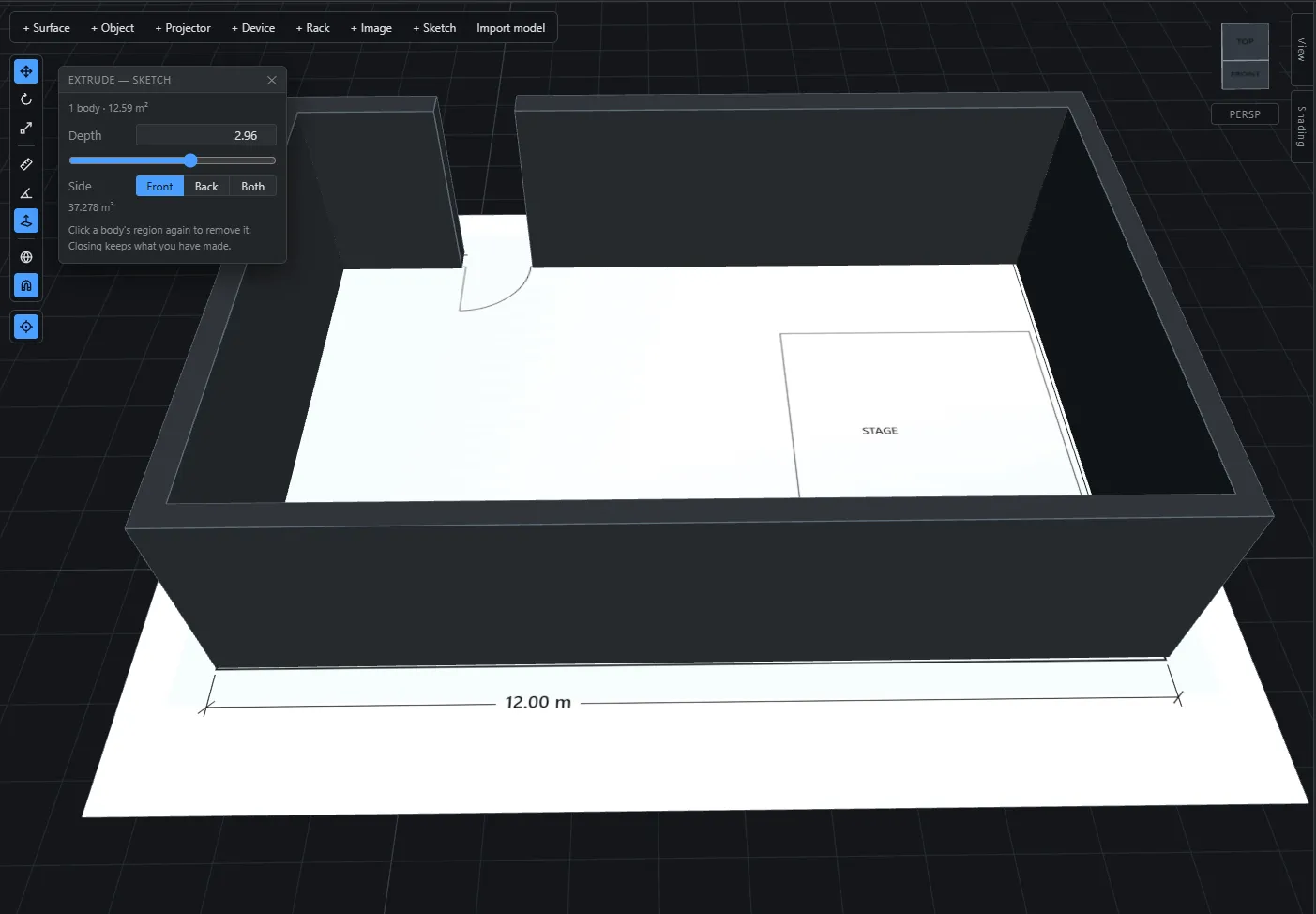 The traced room plan pushed up into walls, the extrude panel showing depth and volume, the 12 m dimension still on the plan beneath.