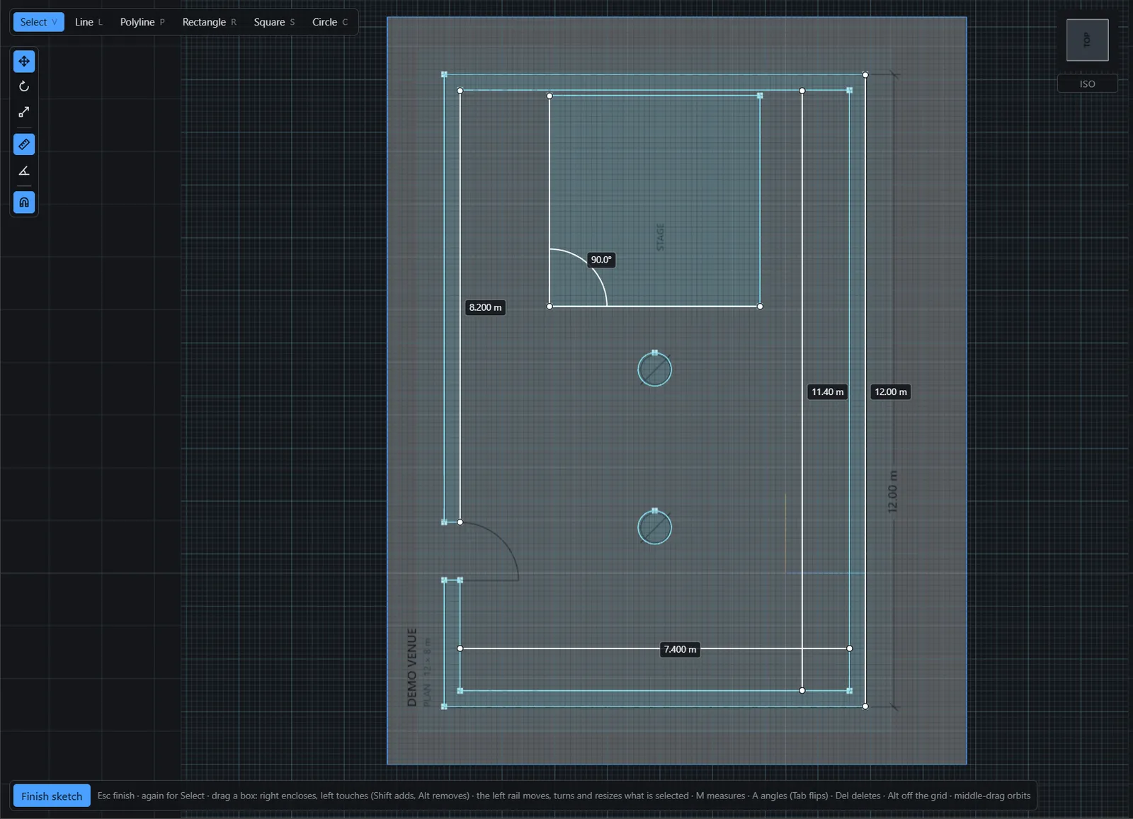 Sketch editor: tracing the floor plan with dimensioned lines, rectangles and circles