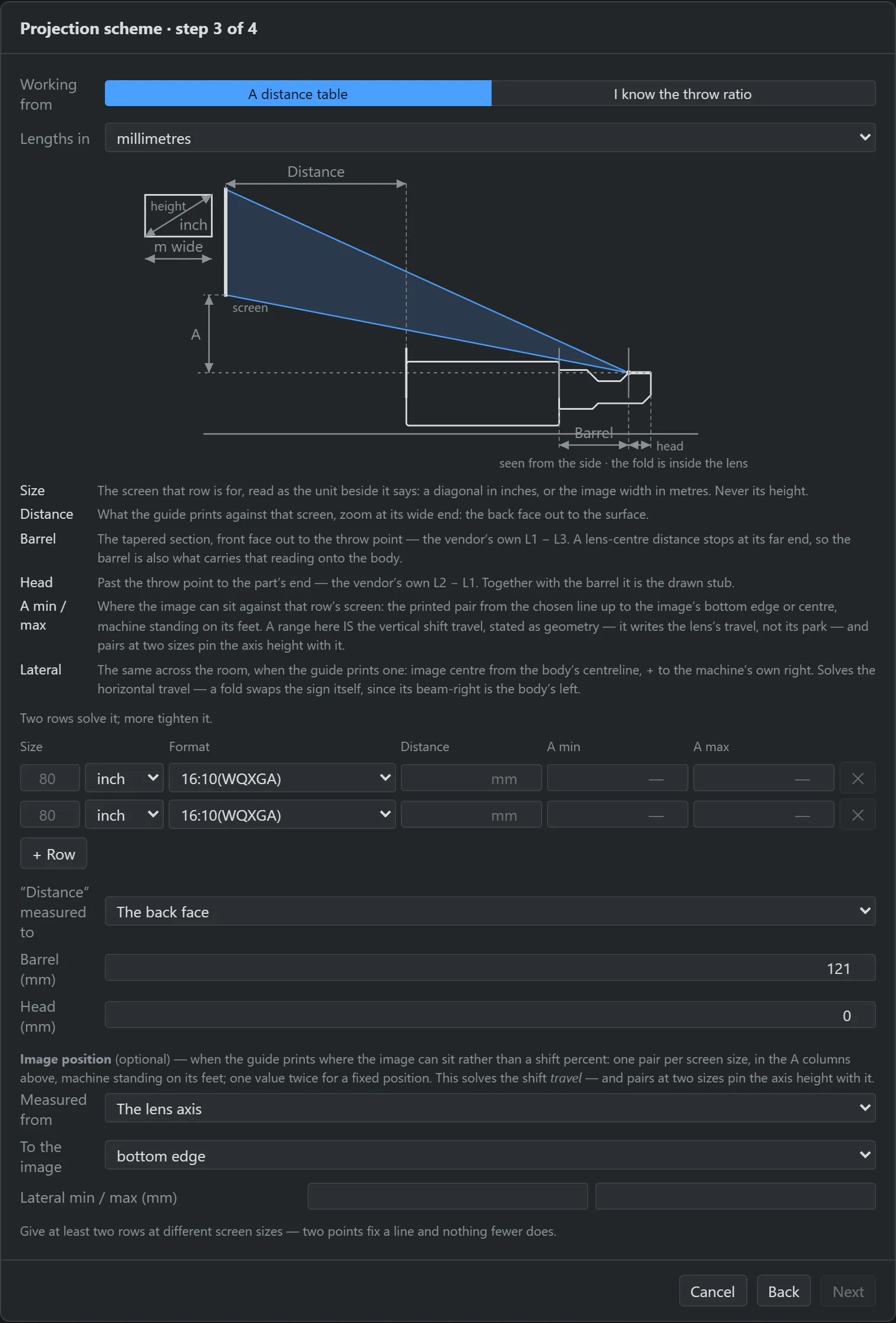 Wizard step 3: projection scheme